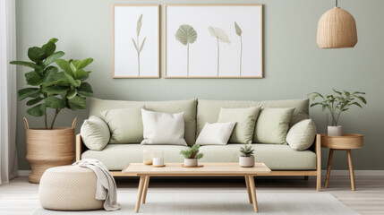 Living room interior with green sofa, coffee table and plants .