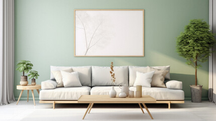 Interior of modern living room with white sofa and mock up poster,