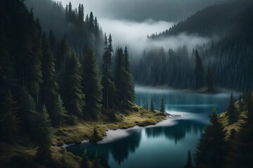 River flows into foggy and misty mountain lake