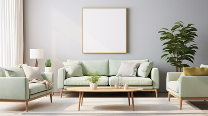 Living room interior with green sofa, coffee table and poster .