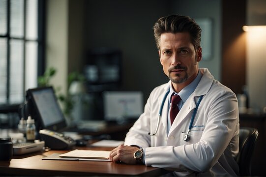 30 Years Old, Dressed As A Doctor. Sitting At A Doctor's Desk. Handsome And Well-Groomed Male Doctor