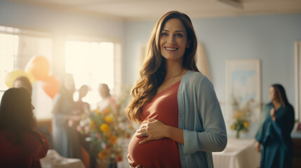 Expecting moms exchanging friendly smiles and hellos before class