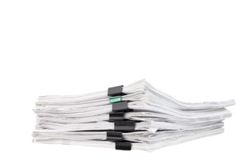 Stack of papers with paper clips, office folders. Transparent background. PNG.