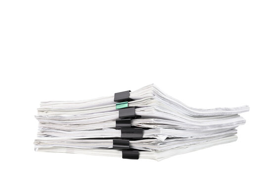 Stack of papers with paper clips, office folders. Transparent background. PNG.