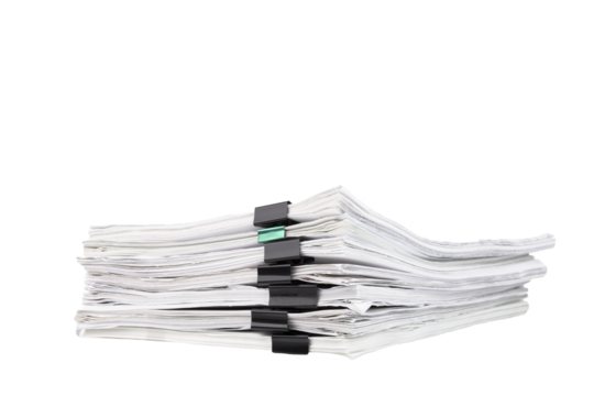 Stack of papers with paper clips, office folders. Transparent background. PNG.