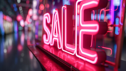Sale vibrant pink neon sign close-up in a blurred store window display, retail promotion concept - obrazy, fototapety, plakaty