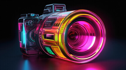 Illustration of a SLR camera with neon lights . - obrazy, fototapety, plakaty
