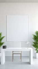 Interior of modern office with white walls, white wooden floor, white computer desk and plant. Vertical mock up poster .