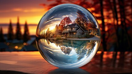 a ball of glass reflecting the sunset in the style of dreamlike