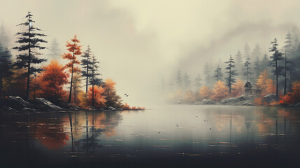 Fototapeta premium Lake fog sunrise with Autumn foliage and mountains
