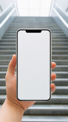 Mockup image of hand holding smartphone with blank screen on stairs background