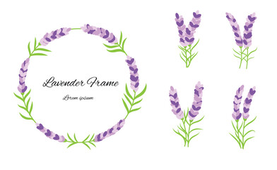 Lavender Round Frame and Bouquet Set. Graphic design elements collection