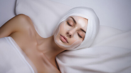 Fototapeta na wymiar Beautiful young woman with a bandage on her head lying on a white sheet