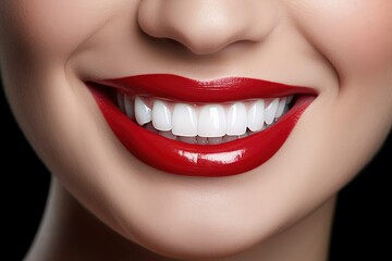 Obraz premium Beautiful young woman with healthy white teeth red lips on black background.