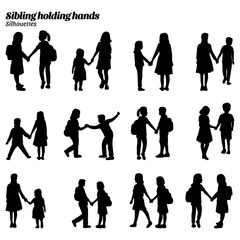 Collection of silhouettes of children holding hands of siblings