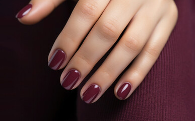 Woman hand with burgundy color nail polish on her fingernails. Female hand model