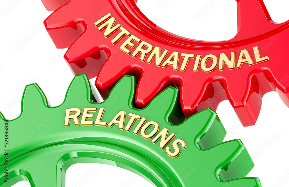 Poster international relations, concept with colored gearwheels. 3d rendering isolated on transparent backg