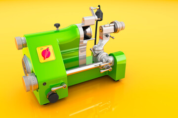 Green Universal Cutter Grinder on yellow backdrop, 3D rendering