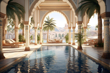 Mediterranean Resort Lobby with Mosaic Tile Accents - obrazy, fototapety, plakaty