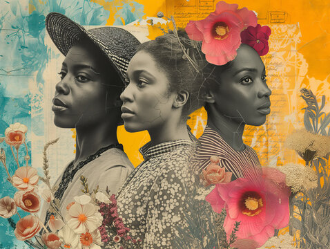 Black History Month crafts mixed-media collage that showcases the struggles faced by African American women throughout history and their resilience in overcoming adversity. Women's History Month.