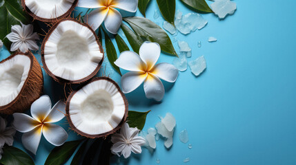 Obraz na płótnie Canvas Close up of fresh coconut and plumeria flowers on blue background .