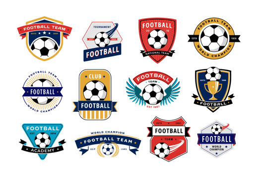 Soccer club badge collection. Football team emblems with soccer balls, sport game tournament labels vector set
