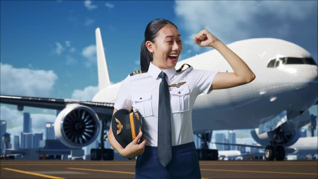 Asian Woman Pilot Smiling And Flexing Her Bicep While Standing In Airfield With Airplane On Background
