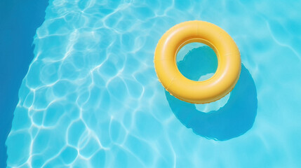 Yellow inflatable ring floating in swimming pool with blue water background .