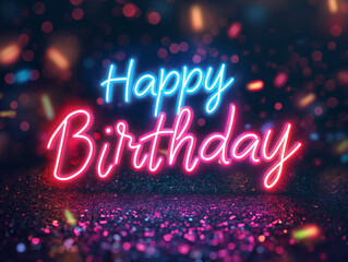 Happy birthday written in glowing neon with black wall background.