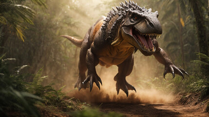 Furious trex or Dynasor running in action on the jungle - obrazy, fototapety, plakaty