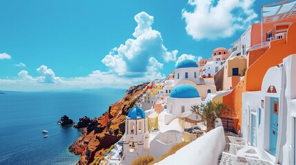 a group of colorful buildings with blue domes lining the coast of a body of water, likely the Sea,  which is characteristic of the town - obrazy, fototapety, plakaty