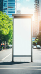 Blank white billboard on bus stop with cityscape background, mock up