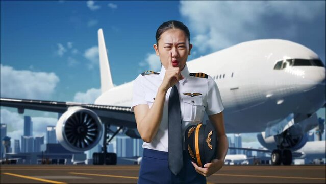 Asian Woman Pilot Looking At Camera And Making Shh Gesture In Airfield With Airplane On Background
