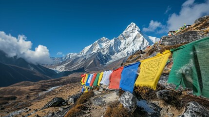 a line of colorful prayer flags waving in the wind, most likely in the mountain peak in the background.