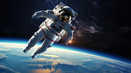A realistic illustration of an astronaut flying in space with the Earth in the background. Generative AI