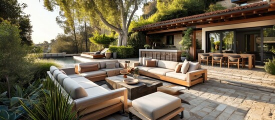 Fototapeta na wymiar Amazing outdoor design with comfortable seating and table in the patio.