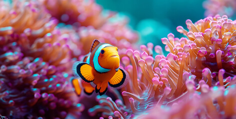 Clown anemonefish, Amphiprion percula, on a coral reef,Clown anemonefish, Amphiprion percula. - obrazy, fototapety, plakaty