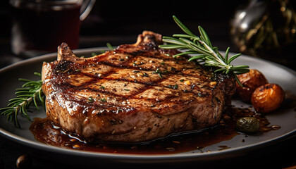 Grilled steak, juicy and tender, ready to eat on rustic plate generated by AI