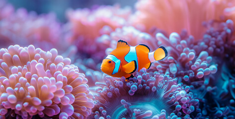 Clown anemonefish, Amphiprion percula, on a coral reef,Clown anemonefish, Amphiprion percula. - obrazy, fototapety, plakaty