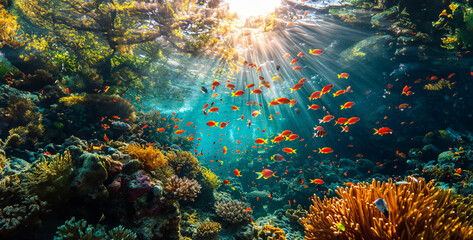 Underwater view of coral reef with tropical fish and sun ray.