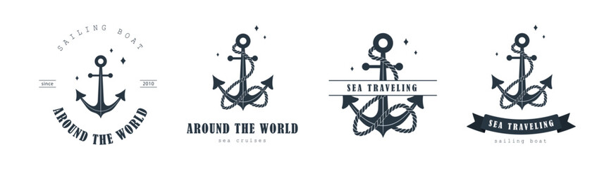 Set of sea traveling logos. Vintage stamps with anchor icons. Maritime cruise. Nautical badges collection. Vector templates for ocean voyages on white background.