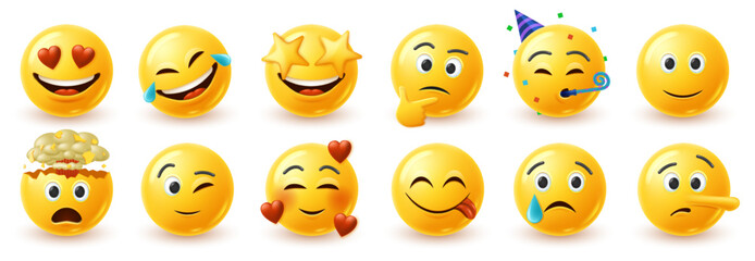 Funny 3d emoji faces. Yellow emoticon with love hearts and star eye, happy laughing and smiling face. Mind blown head explosion, wink, yummy tongue