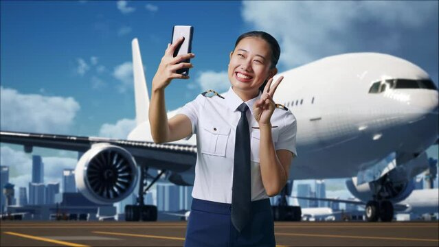 Asian Woman Pilot Using Smartphone Taking Picture While Standing In Airfield With Airplane On Background
