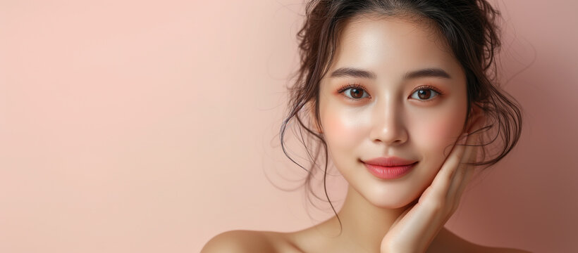 Natural beauty. Young woman with a glowing complexion and a natural makeup look, showcasing flawless skin and a gentle touch to her face