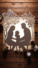 Silhouette of a family with two children on a wooden background