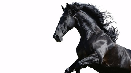 A solitary white background features a majestic ebony steed rearing up.