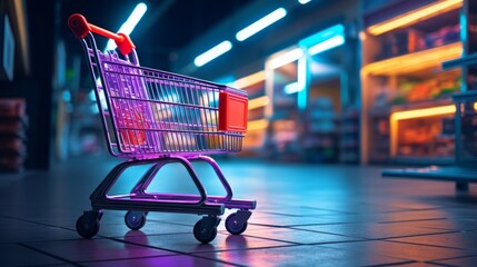 Supermarket aisle with empty red shopping cart with customer defocus background. Neural network AI generated art