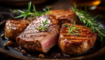 Grilled sirloin steak, cooked to perfection, on a rustic plate generated by AI