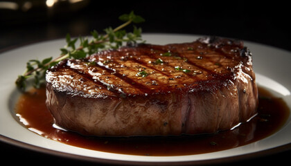 Grilled steak, cooked rare, with savory sauce and fresh salad generated by AI