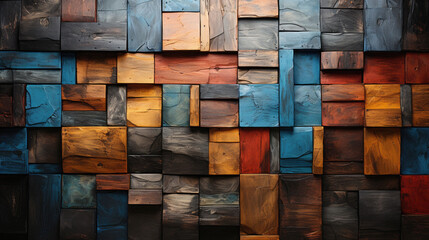 Colorful wooden mosaic wall background. Close up of multicolored wooden wall